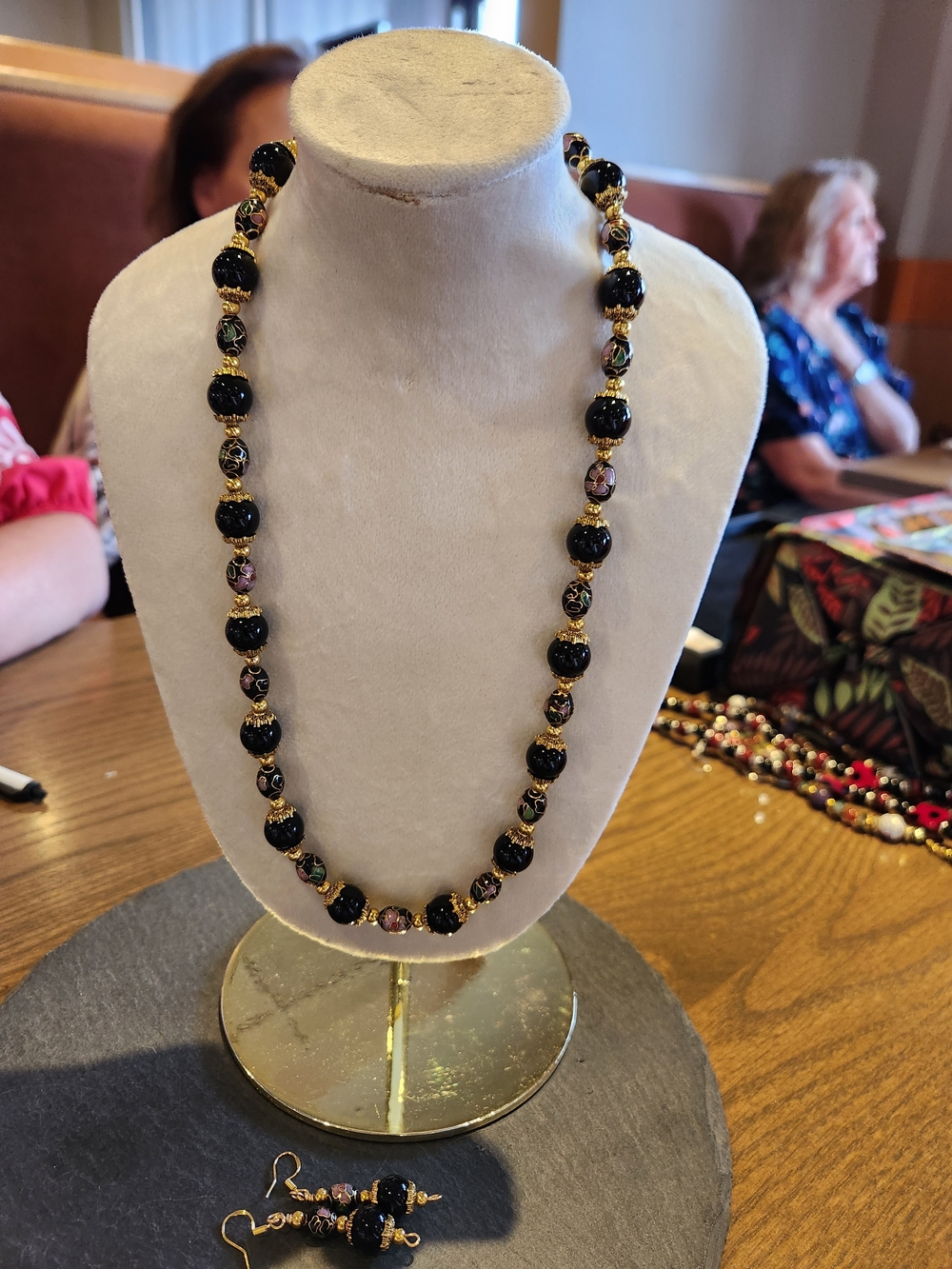 Elegant Black Cloisonné Bead Necklace with Gold Accents
